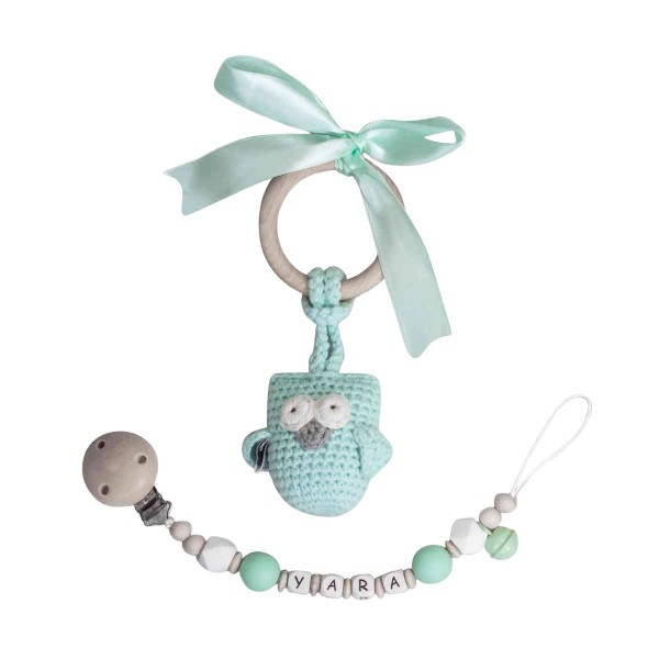 Pacifier Chain And Crochet Owl - Mint