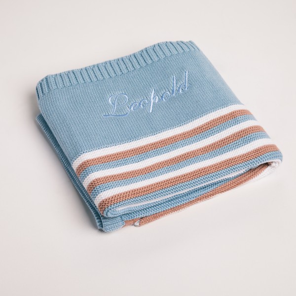 Knitted blanket with blue stripes, Blue