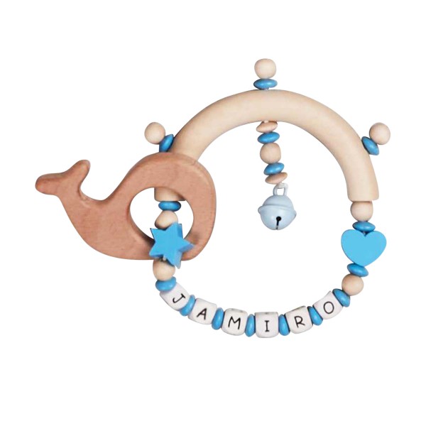 wooden gripper with star, heart and whale, blue