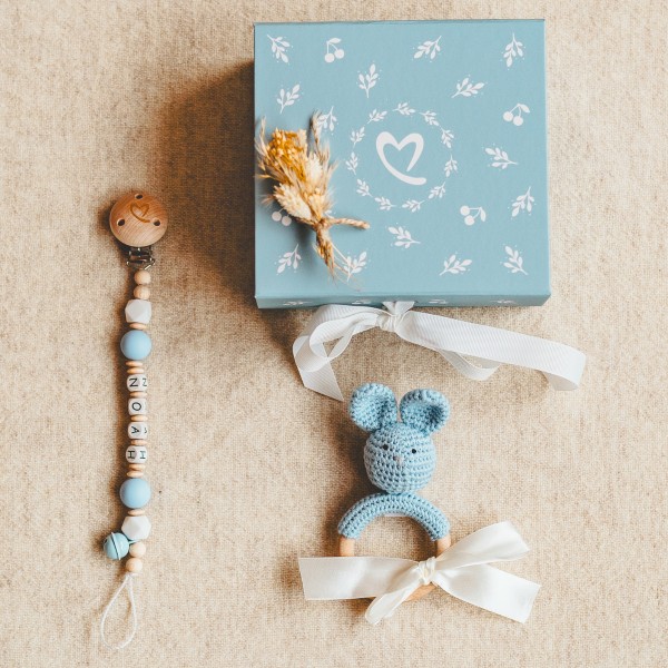 Pacifier Chain And Crochet Bunny, Blue