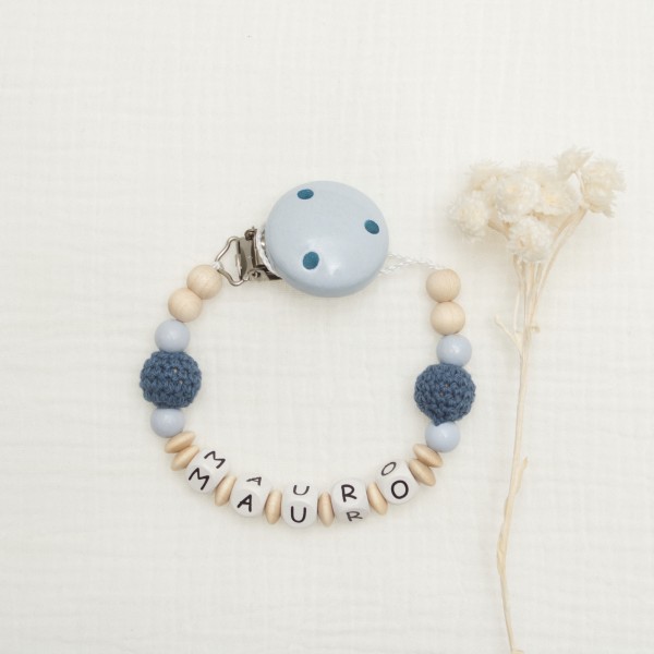 Dummy chain with name, crochet bead, navy, Love Kids