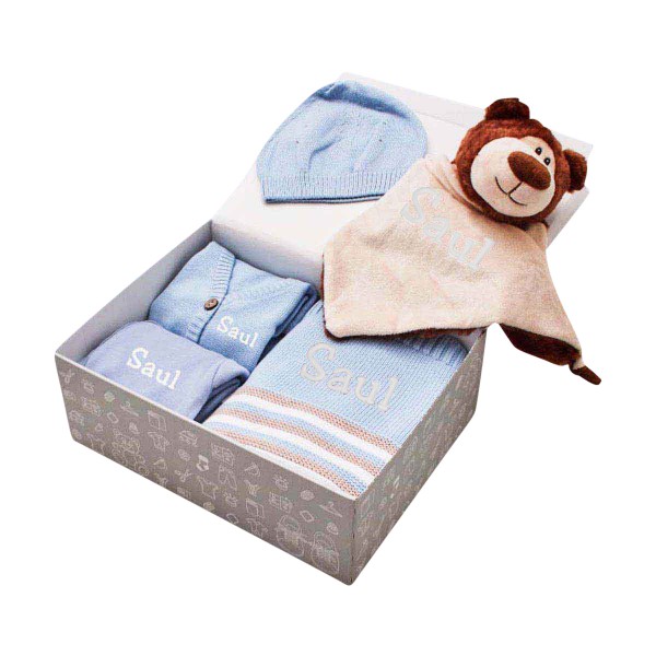 Pyjama, Cardigan, Bonnet &amp; Blanket with Bear, Blue