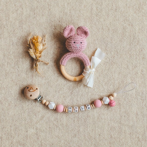 Pacifier Chain And Crochet Bunny, Pink