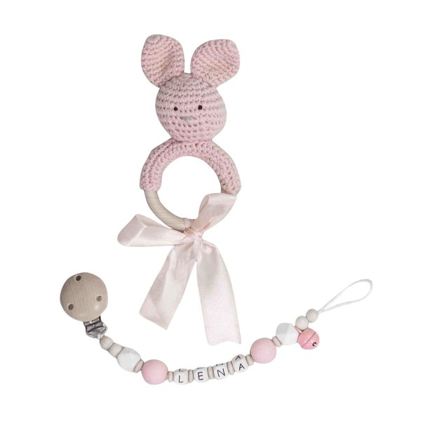 Pacifier Chain And Crochet Bunny, Pink