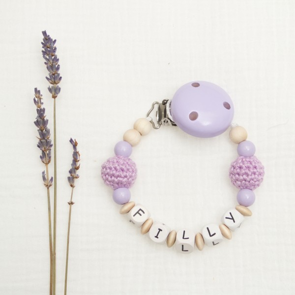 Dummy chain made of wood with crochet bead, purple