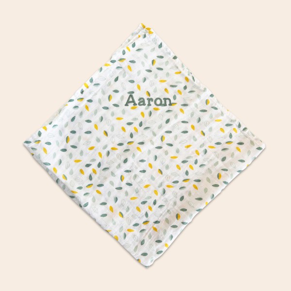 Swaddle cloth with name 70x70 cm, Leaves, Trois Kilo Sept