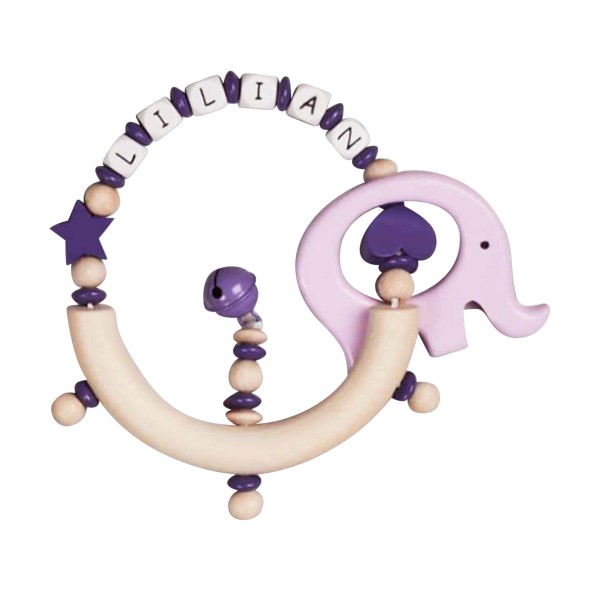 wooden gripper with star, heart and elephant, purple