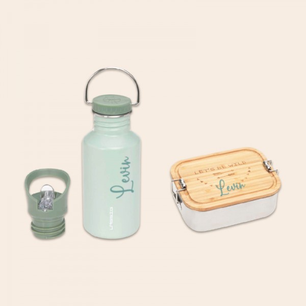 Children&#039;s drinking bottle &amp; lunch box set, green, Lässig