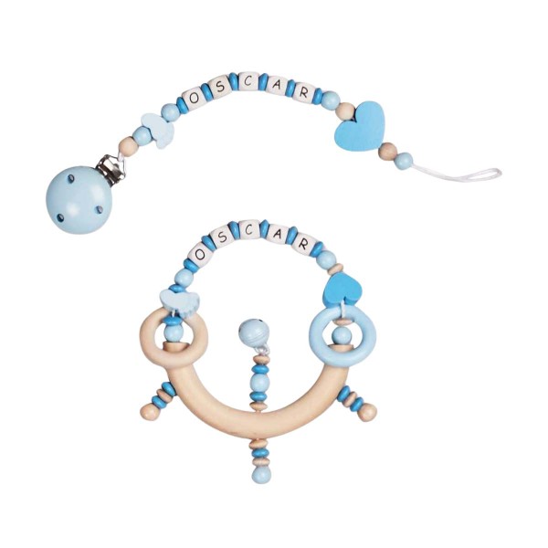 2-piece set, dummy chain and wooden gripper with feet and heart, blue