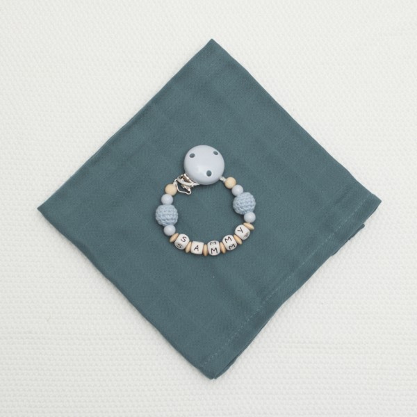 Swaddle &amp; pacifier chain with name, Blue