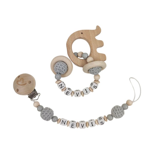 2-piece set, dummy chain and gripper with crochet bead, natural/grey