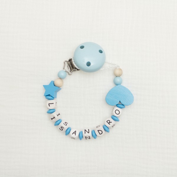 Wooden dummy chain with star and heart, blue