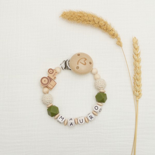 Baby dummy chain with name, tractor