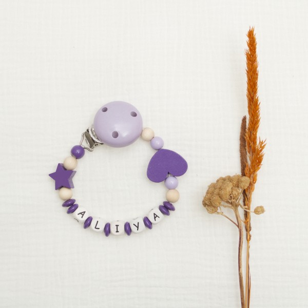 Wooden dummy chain with star and heart, purple