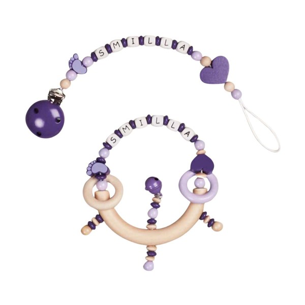 2-piece set, dummy chain and wooden gripper with feet and heart, purple