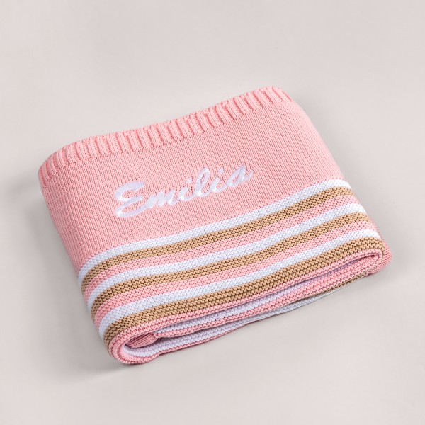 Knitted blanket with pink stripes, Pink